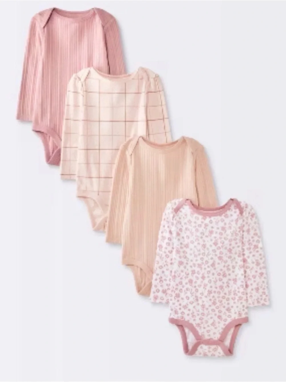 4 Pack Pink & Blush Long-Sleeve Baby One-Piece Bodysuits Sz 0-3
